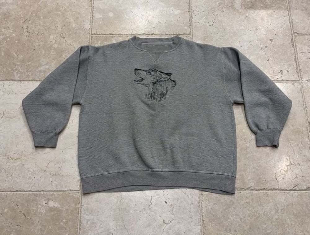 Vintage Gray Waffle Knit Wolf Graphic Sweatshirt